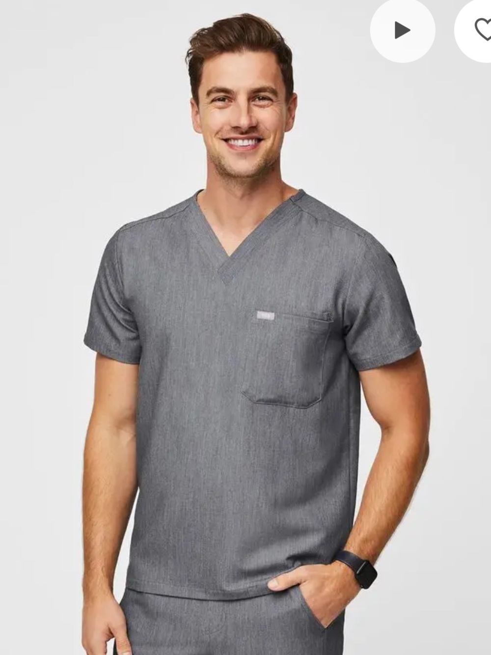 FIGS Leon Scrub Top Mens M Heather Graphite Grey V-Neck Pocket